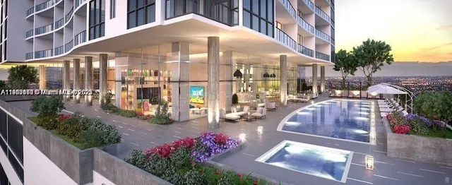 a front view of a building with an outdoor space