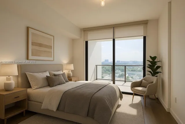 a bedroom with a large bed and a lamp next to a window