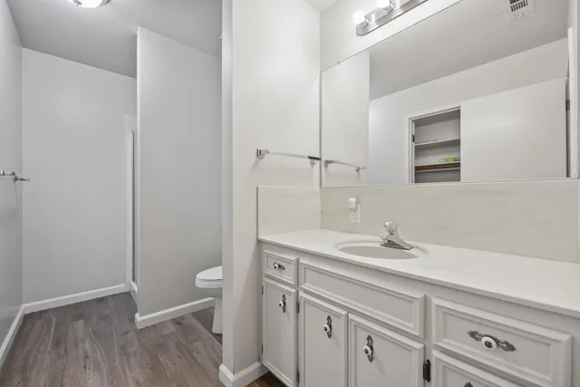 a bathroom with a sink a toilet and a mirror