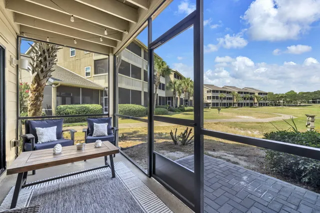 a building outdoor space with seating