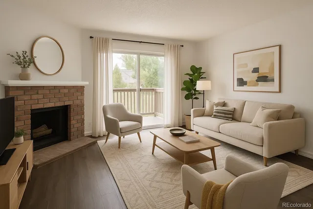 a living room with furniture a window and a fireplace