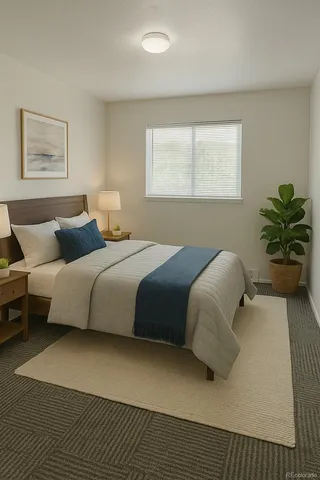 a bedroom with bed and a couch