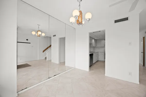 a view of a chandelier in a room