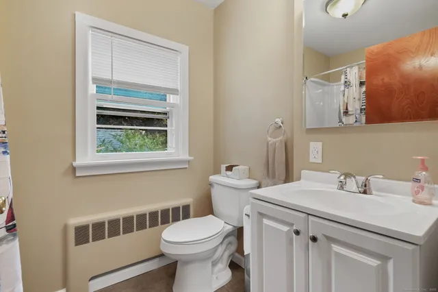 a bathroom with a sink a toilet and a mirror