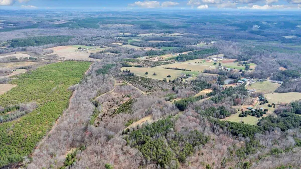a view of a dry yard with mountain and trees in the background