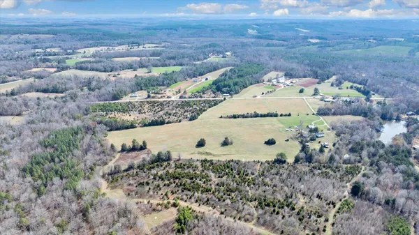 a aerial view of a house with large trees