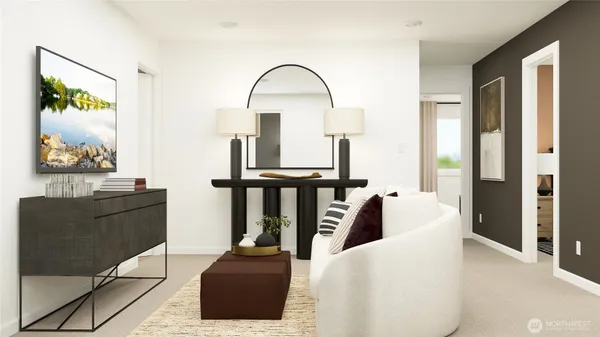 a bed room with a bed and painting on the wall