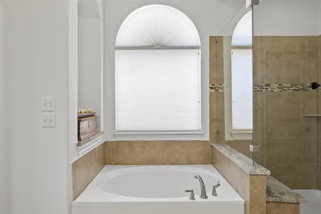 a bathroom with a bathtub and a shower