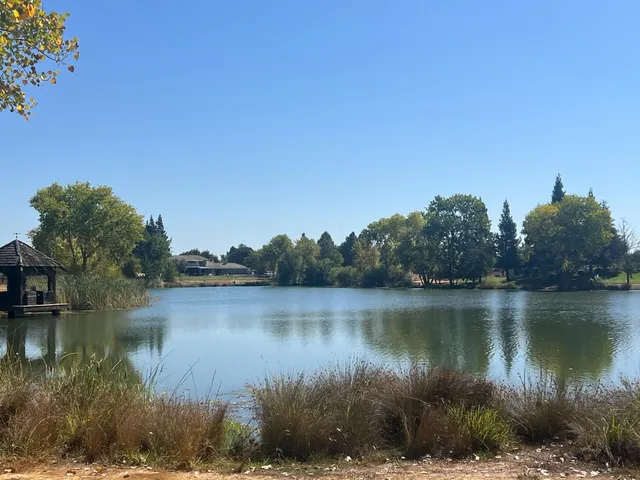 a view of a lake in between two chairs