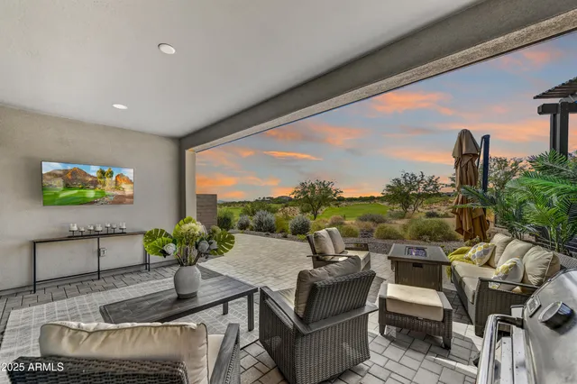 a terrace with outdoor seating and couches with potted plants