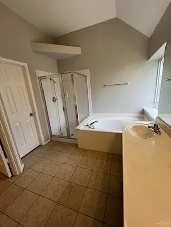 a bathroom with a tub shower vanity and a sink