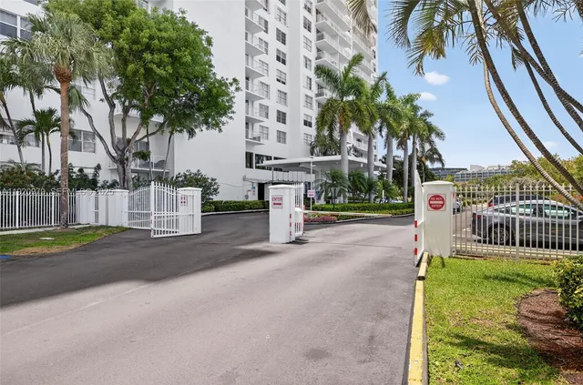 a view of a building with a street