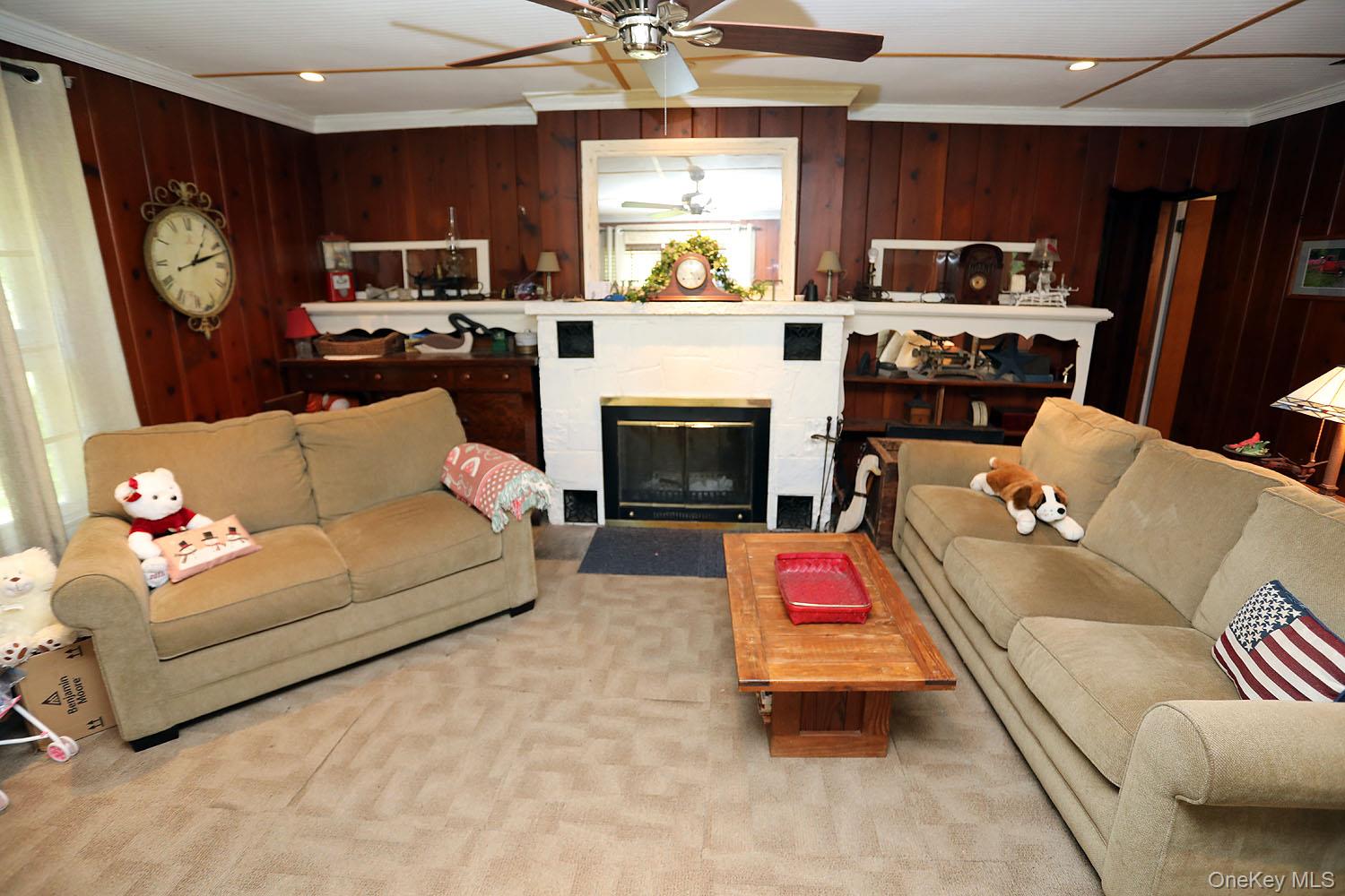 66 Raspberry Park Road Long Eddy, NY 12760 - Photo 22 of 36 Living area featuring ornamental molding, a glass covered fireplace, wood walls, recessed lighting, and carpet flooring