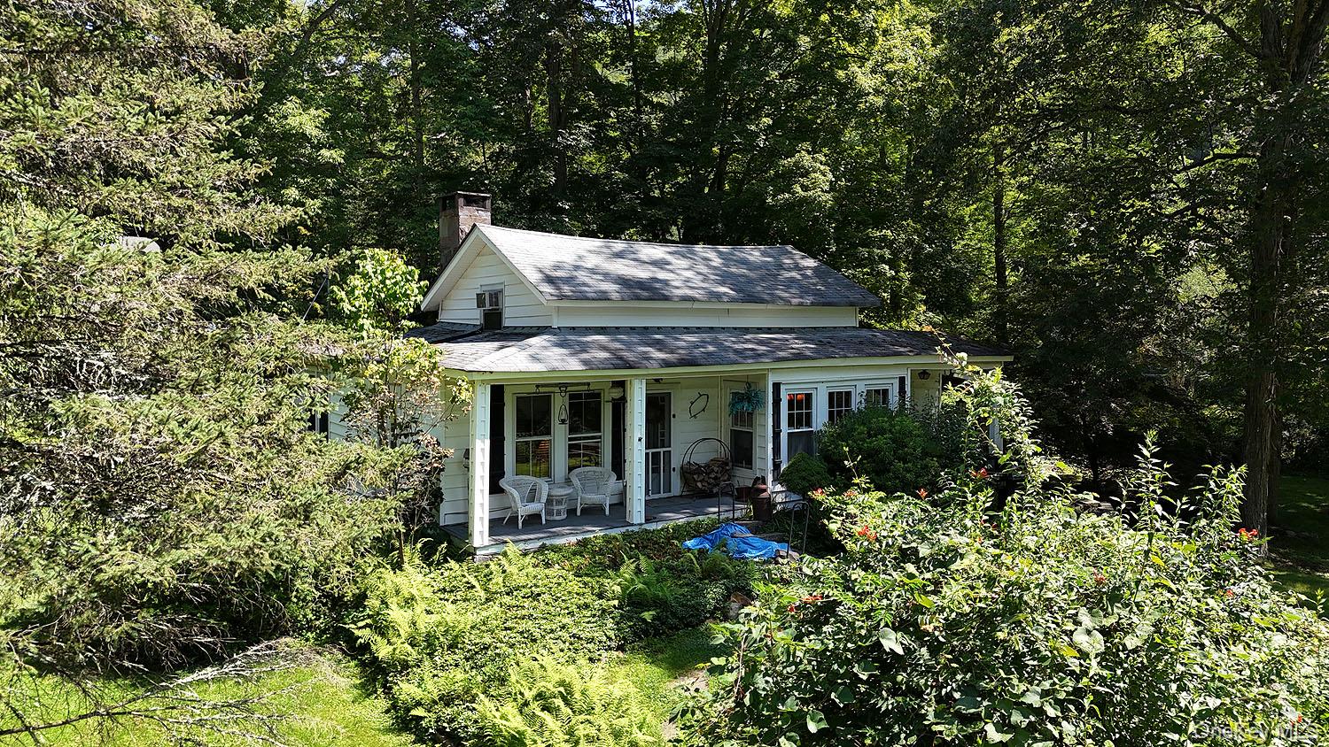 66 Raspberry Park Road Long Eddy, NY 12760 - Photo 32 of 36 View of front facade with a porch, a chimney, a shingled roof, and a wooded view