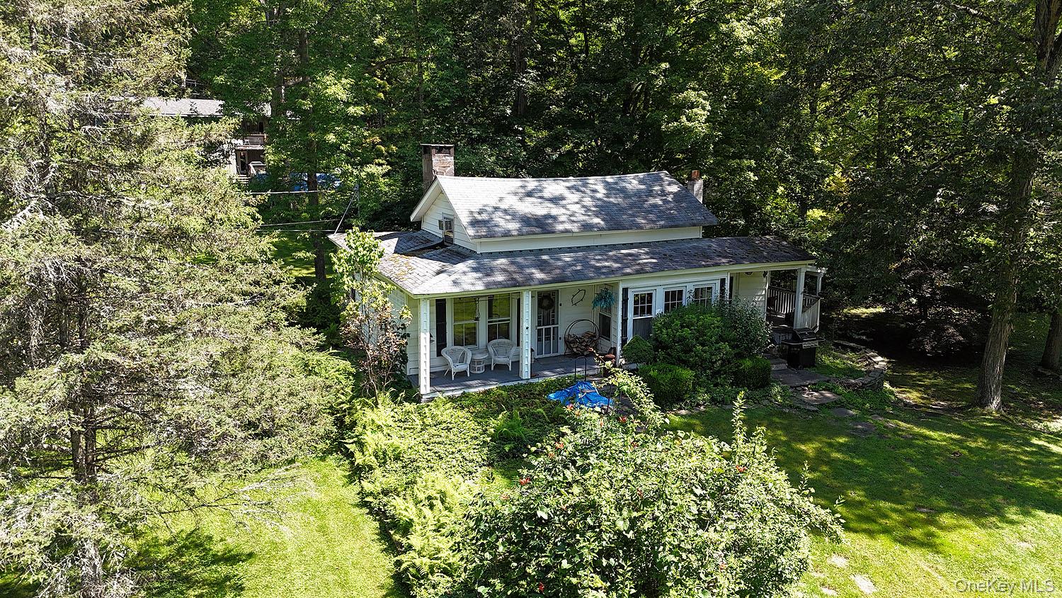 66 Raspberry Park Road Long Eddy, NY 12760 - Photo 34 of 36 View of front of house featuring a chimney, covered porch, a front yard, and a view of trees