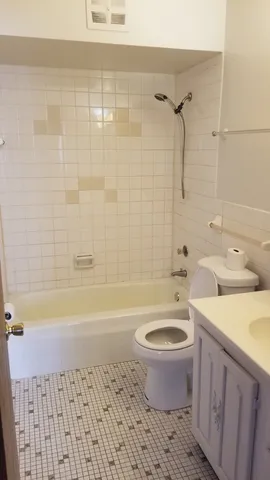 a bath room with a toilet and a bath tub