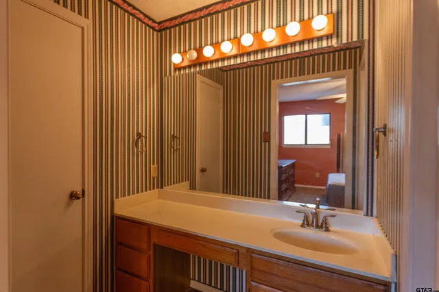 a bathroom with a sink and a mirror