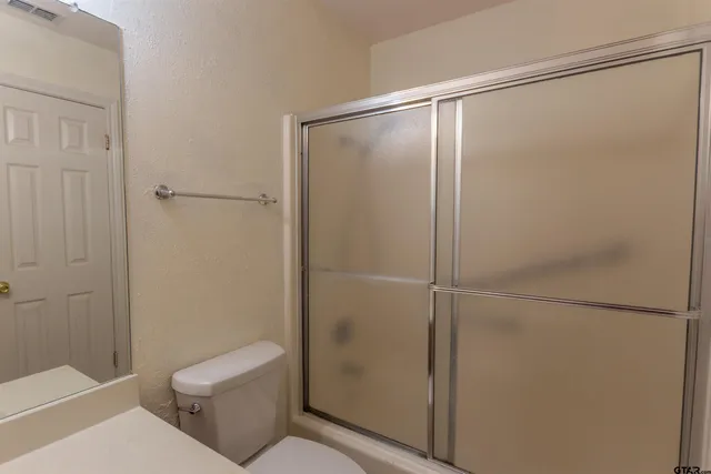 a bathroom with a shower and a toilet