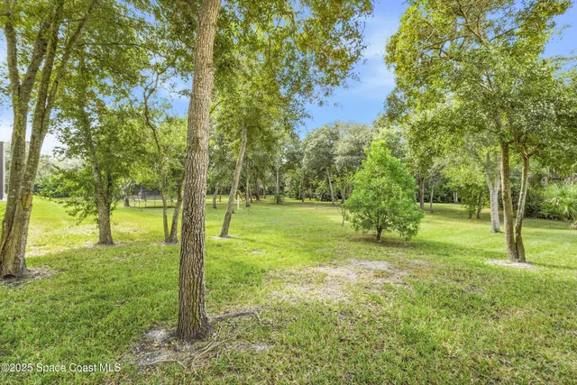 a view of yard with swimming pool and trees