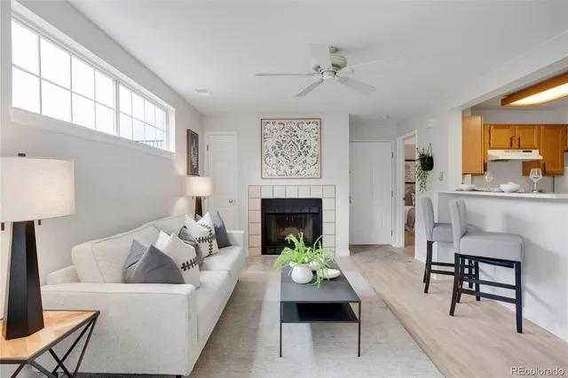 a living room with furniture and a fireplace