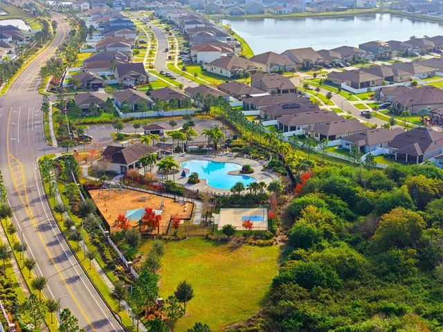 an aerial view of a house with a swimming pool