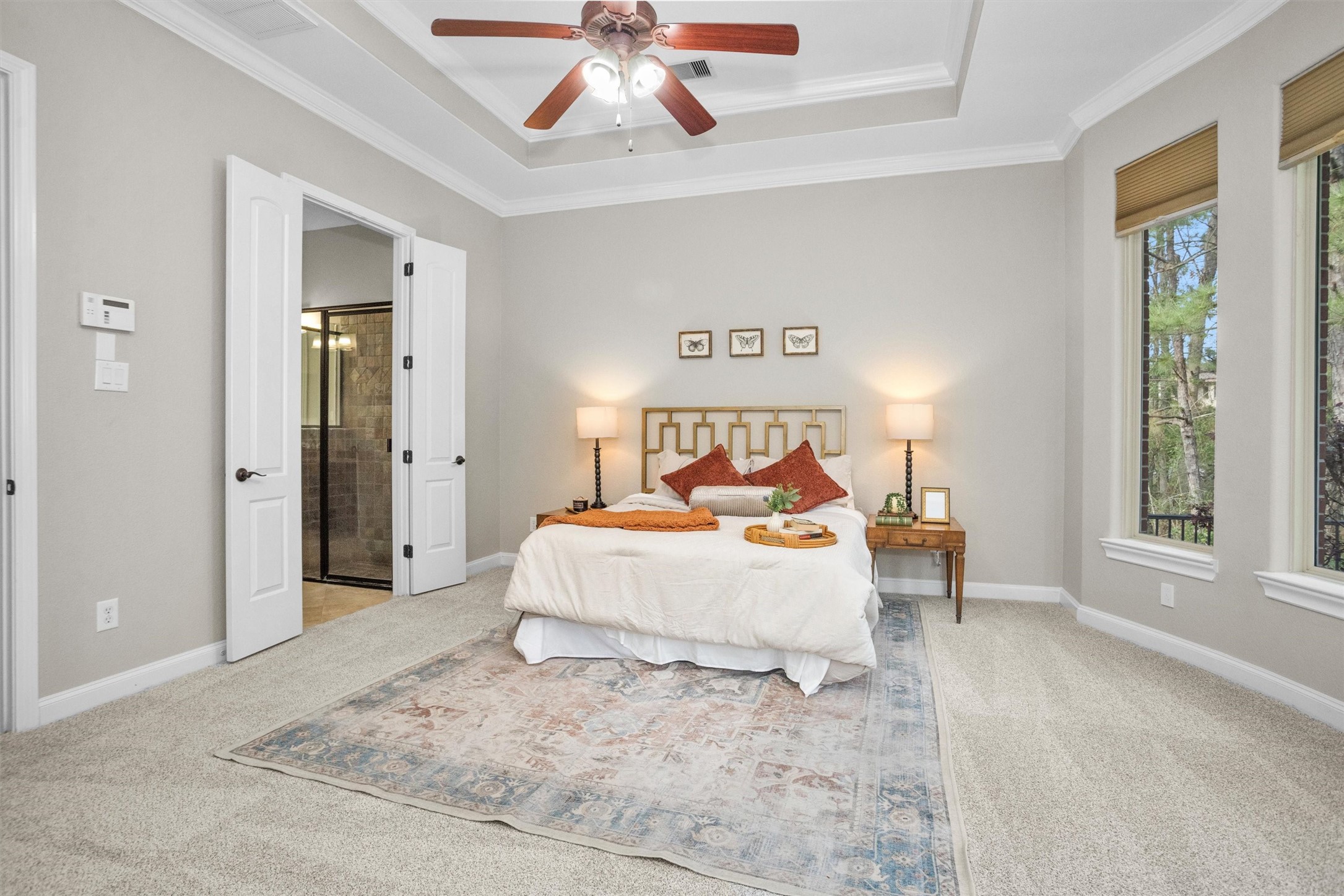 27910 Hansons Court Spring, TX 77386 - Photo 17 of 50 Wired for sound, the primary's en site bath double doors can be seen as well as the ceiling detail