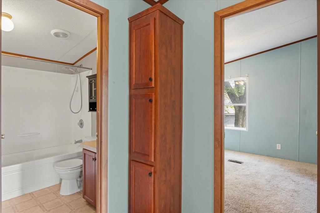 2903 Centaurus Way Granbury, TX 76048 - Photo 18 of 31 Bathroom with washtub / shower combination, crown molding, vanity, light carpet, and lofted ceiling