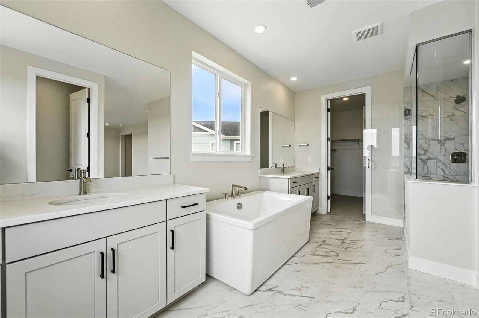 5722 Farrier Point Castle Rock, CO 80104 - Photo 23 of 41 a bathroom with a double vanity sink a mirror and a bathtub