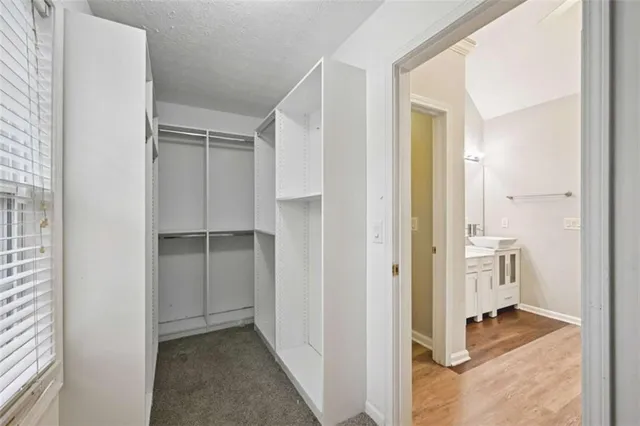 a view of a hallway with closet and livingroom view