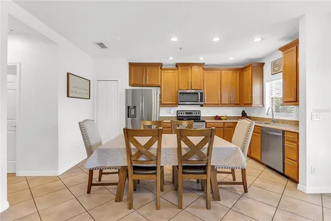 a view of a dining room with furniture