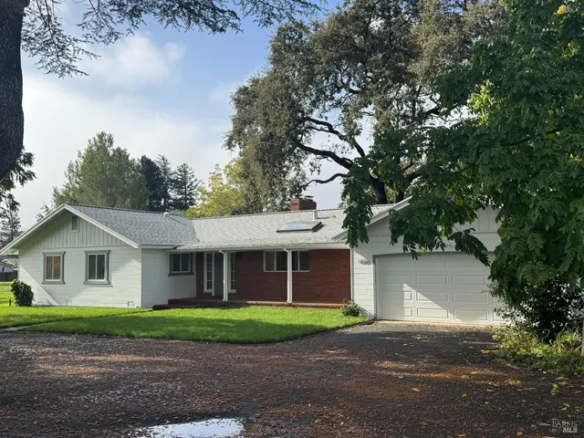 a view of a yard in front of a house with a large tree