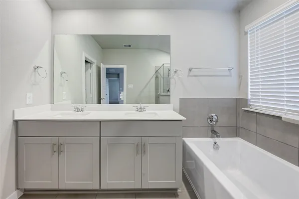 a bathroom with a tub sink and mirror