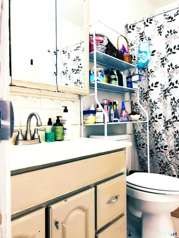 a bathroom with a sink a toilet and a refrigerator