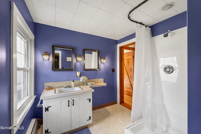 a bathroom with a sink a mirror and a shower