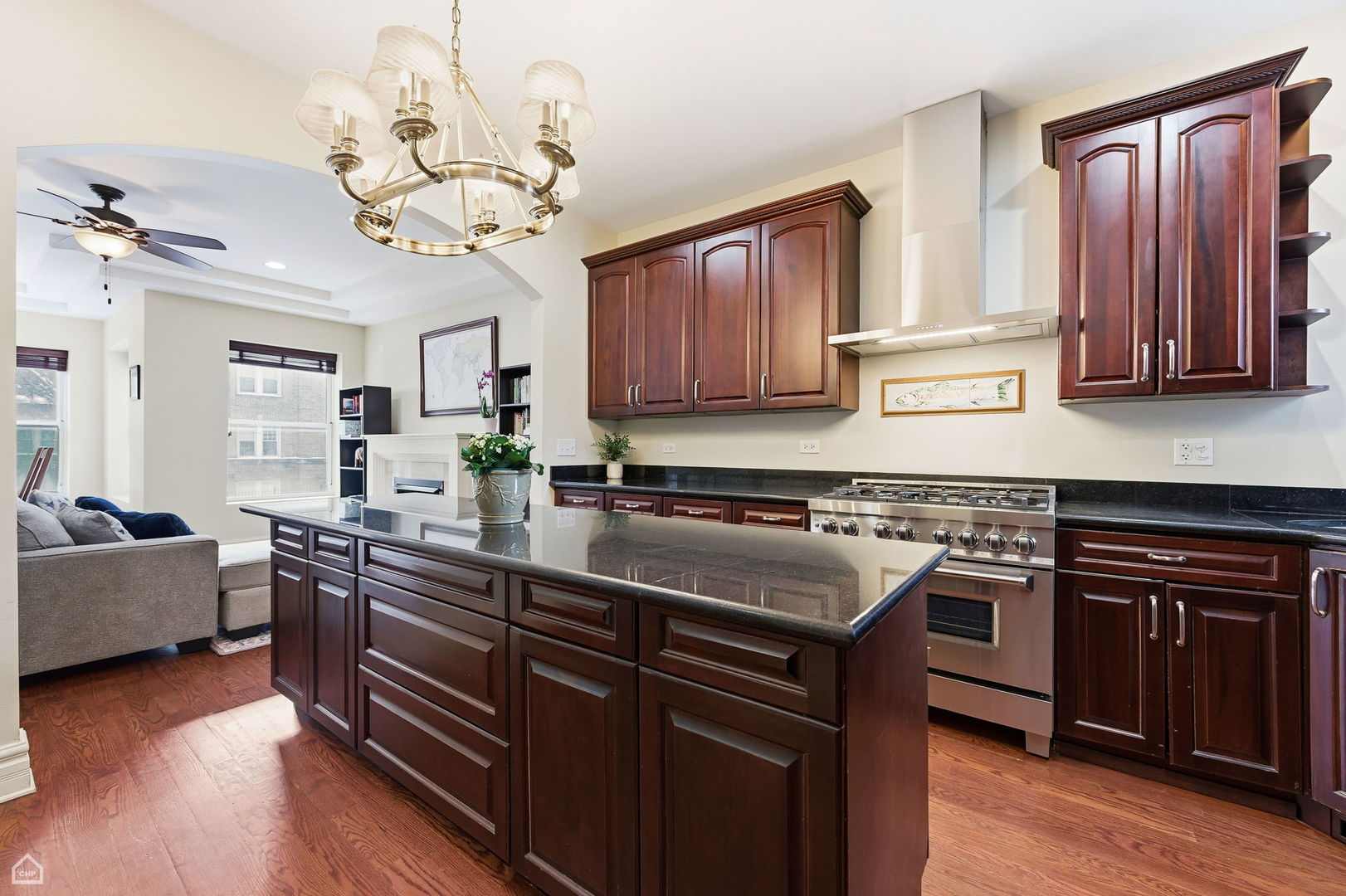 838 East 52nd Street, Unit 1W Chicago, IL 60615 - Photo 7 of 32 a kitchen with kitchen island granite countertop a sink cabinets and wooden floor
