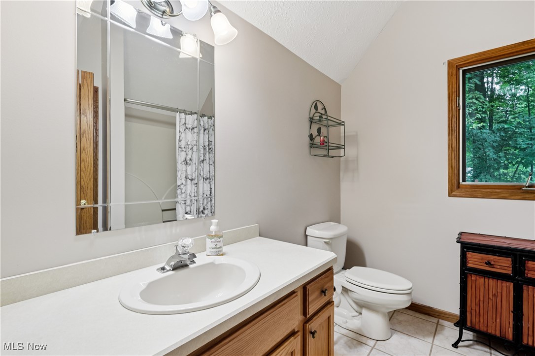 8315 Orchard Road Painesville, OH 44077 - Photo 29 of 45 Bathroom featuring lofted ceiling, vanity, tile patterned floors, and a shower