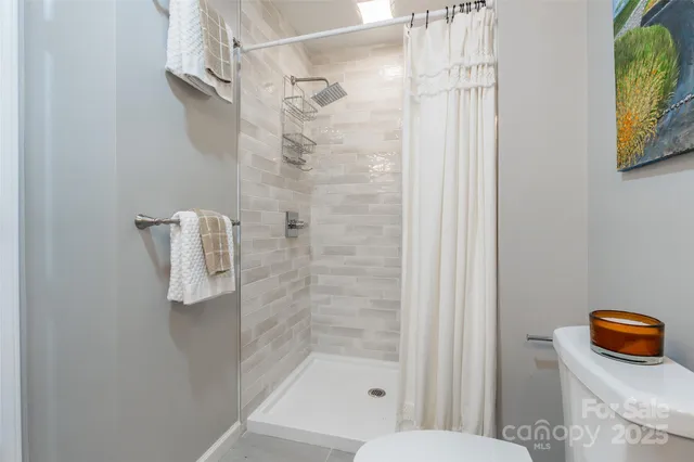a bathroom with a shower and toilet