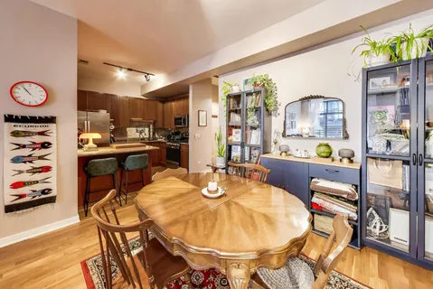 a view of a dining room with furniture