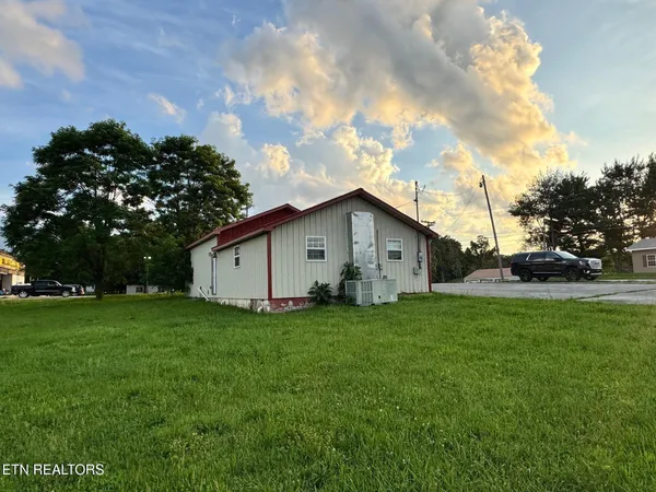 a view of a backyard with large trees