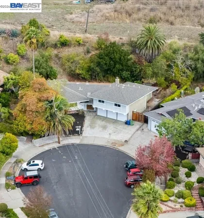 an aerial view of a house with a yard and a large tree