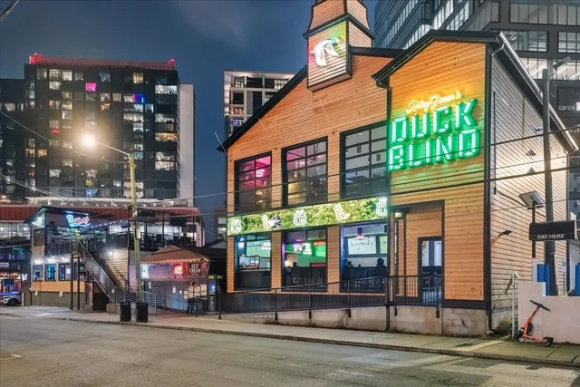 a view of a building with a street