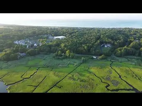 a view of a field with an ocean view