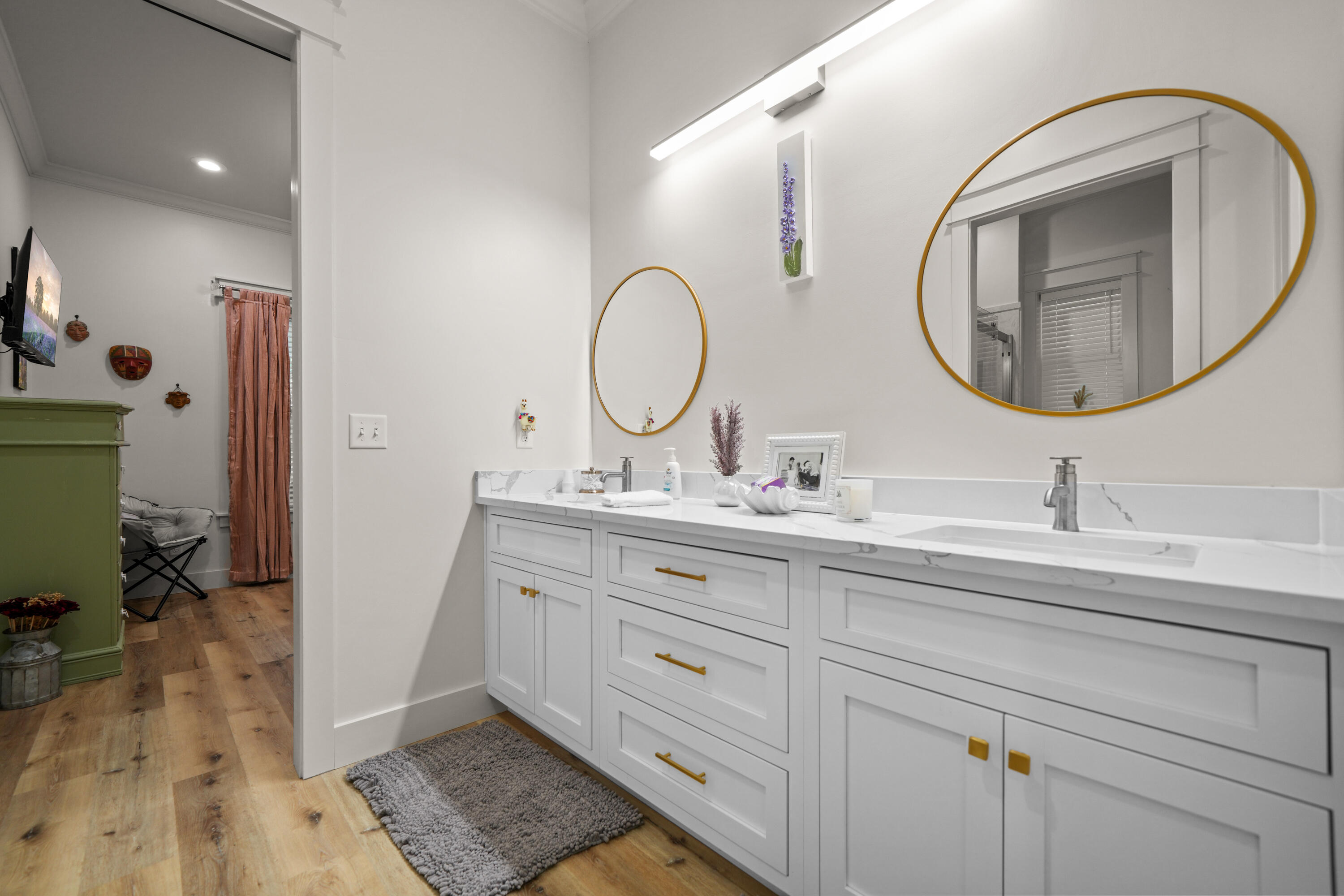 279 Smith Drive Santa Rosa Beach, FL 32459 - Photo 36 of 56 a en suite bathroom with a granite countertop double vanity sink and a mirror