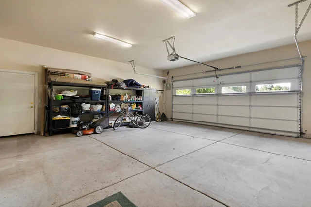 a view of a garage with storage
