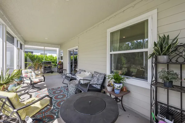 a living room with patio furniture and a potted plant