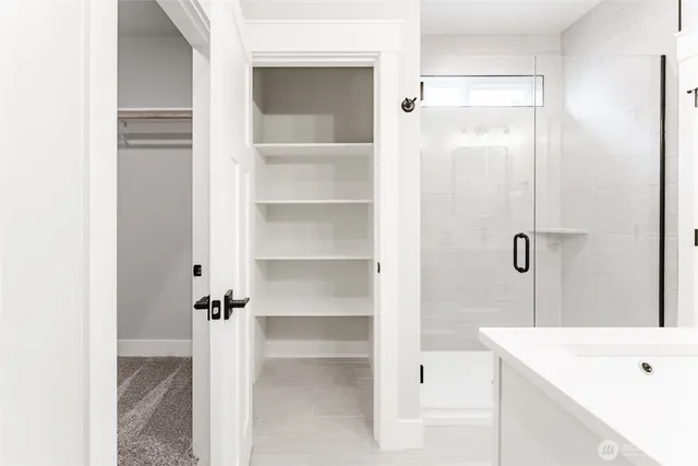 a bathroom with a shower and a sink