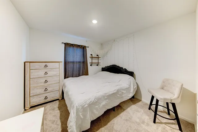 a bedroom with a bed and a closet