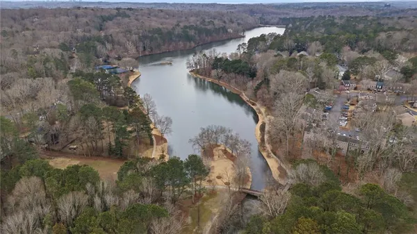 a view of a lake in middle of forest