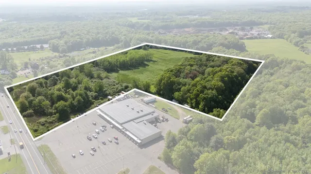 a view of a city with lush green forest