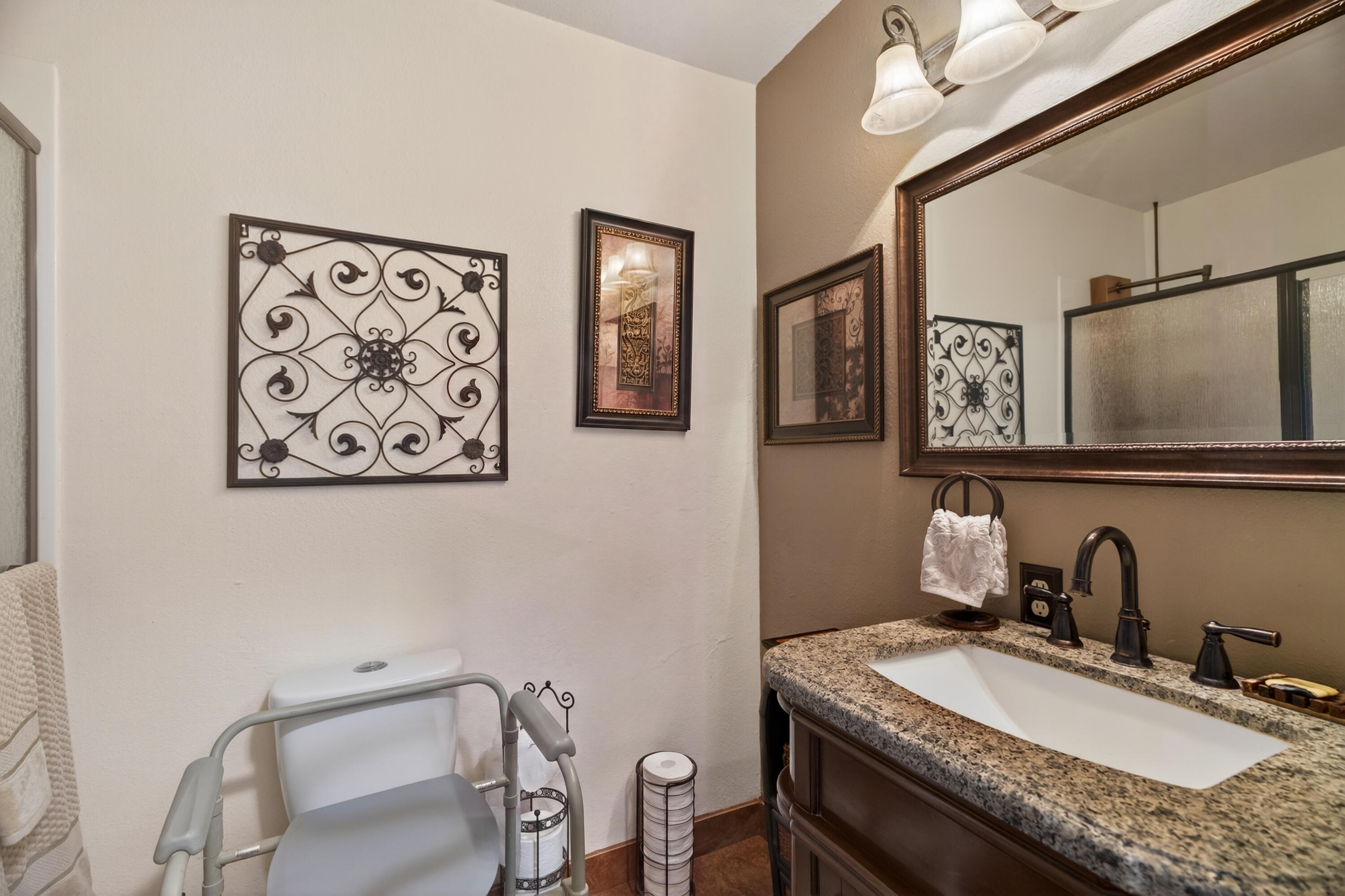 1391 Rouge Road Shasta Lake, CA 96019 - Photo 15 of 30 a bathroom with a granite countertop sink mirror and vanity